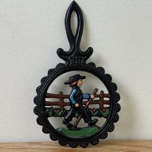 Vintage Cast Iron Trivet Amish Man Walking Fence Farm Country Decor Black 408